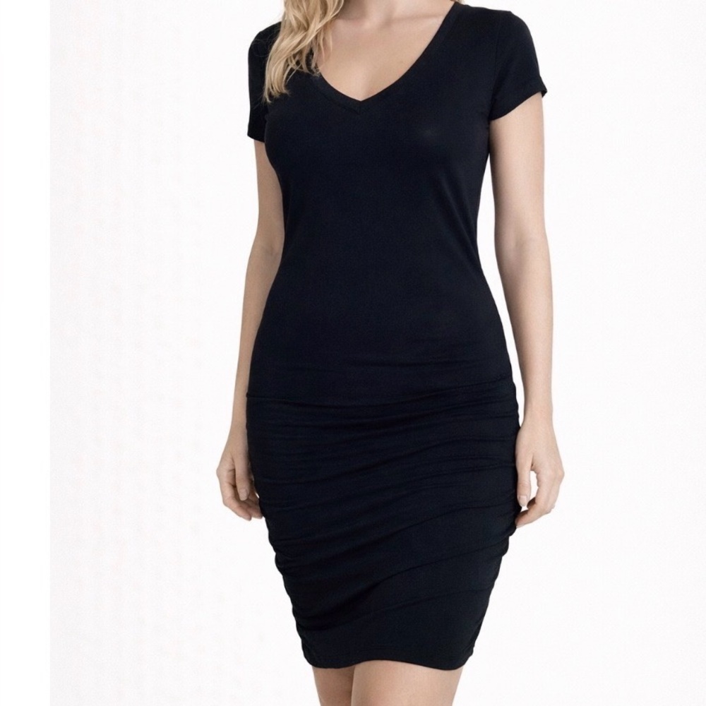 PRANA dress black T-shirt jersey Knit knee length ruched sides cap sleeve SZ XS